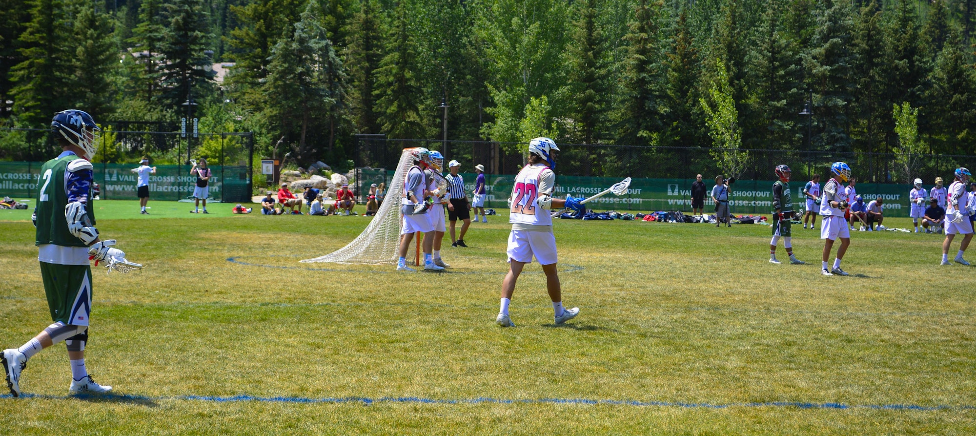 Lacrosse players on a sunny field with trees in the background.