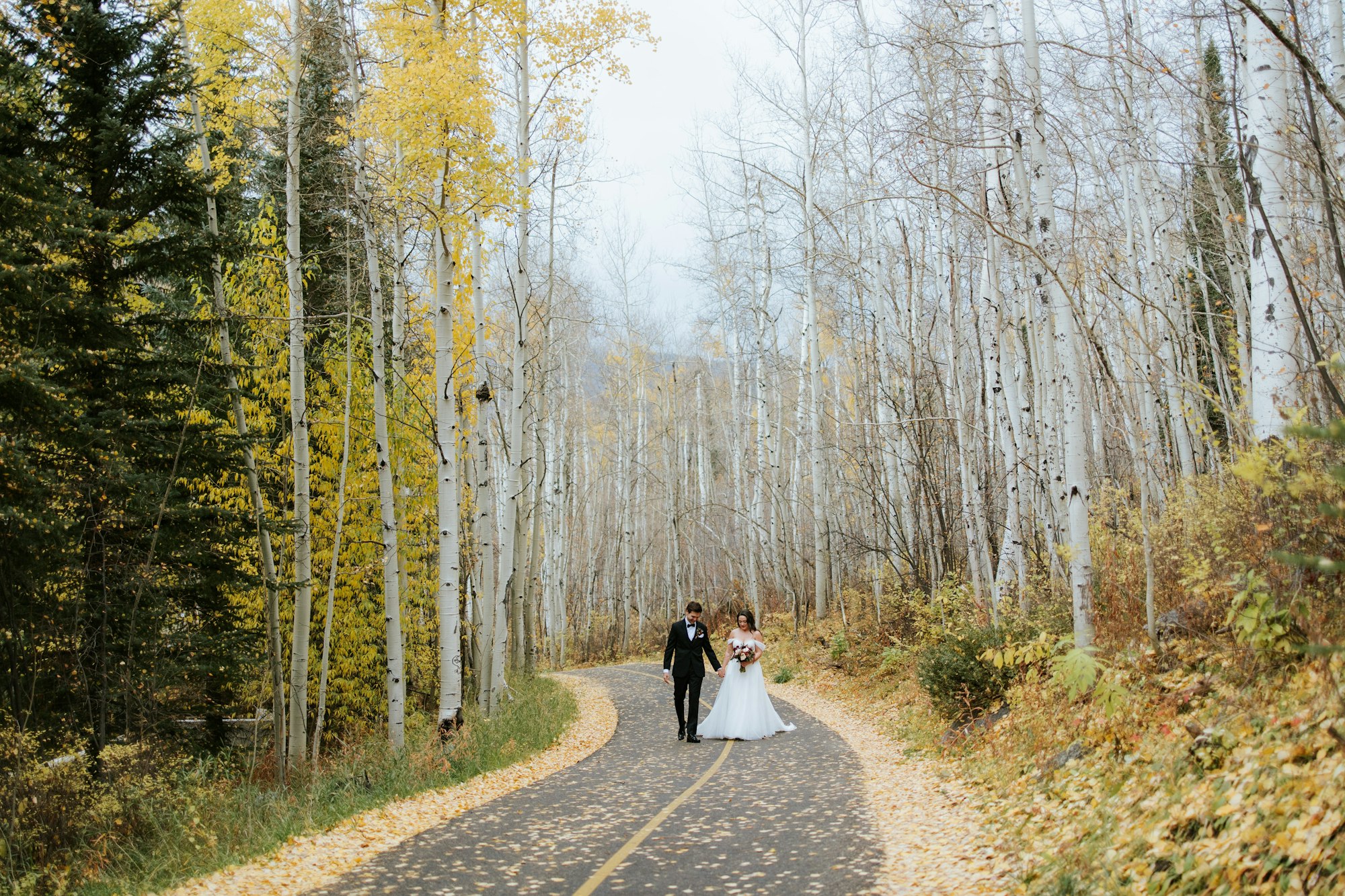 A couple walks hand-in-hand along a winding path in a picturesque forest with autumn leaves. A romantic, serene scene.