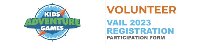 Logo for Kids Adventure Games with a compass, and text for volunteer registration and participation for Vail 2023.