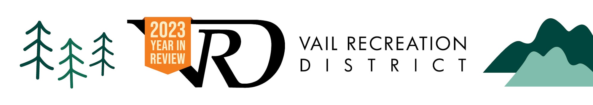 Logo of "Vail Recreation District 2023 Year in Review" with trees and mountain graphics.