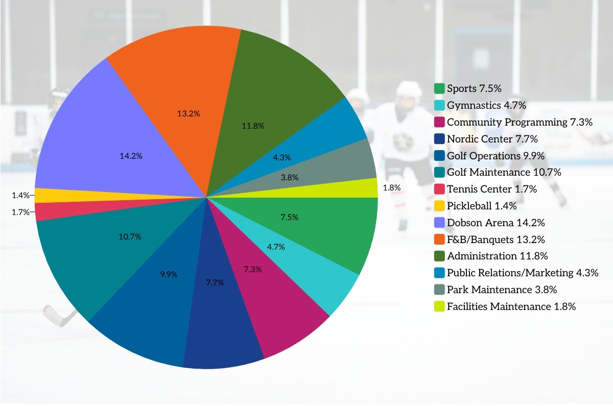 Colorful pie chart displaying budget allocation for various recreational facilities and services, with labels and percentages.