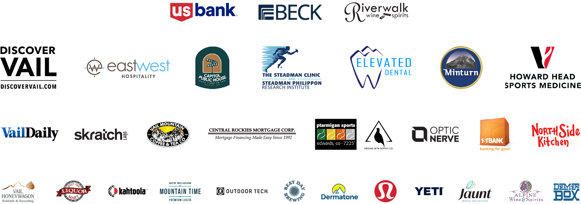 A collage of various sponsor logos including Discover Vail, US Bank, Beck, East West Hospitality, and more.