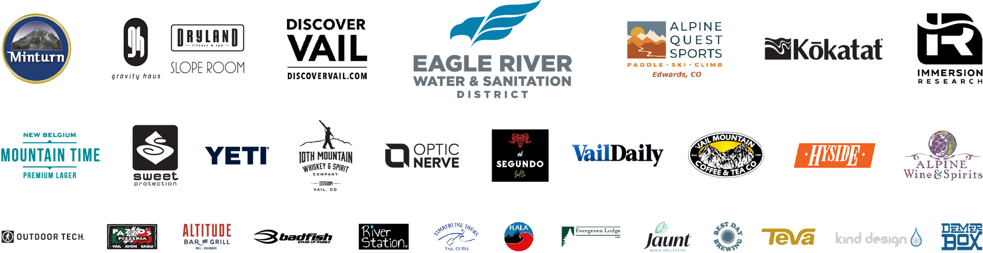 Logos of various companies and organizations, including Minturn, Discover Vail, Eagle River Water, and others.