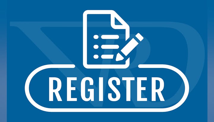 Icon of a document and pencil above the word "REGISTER" on a blue background.