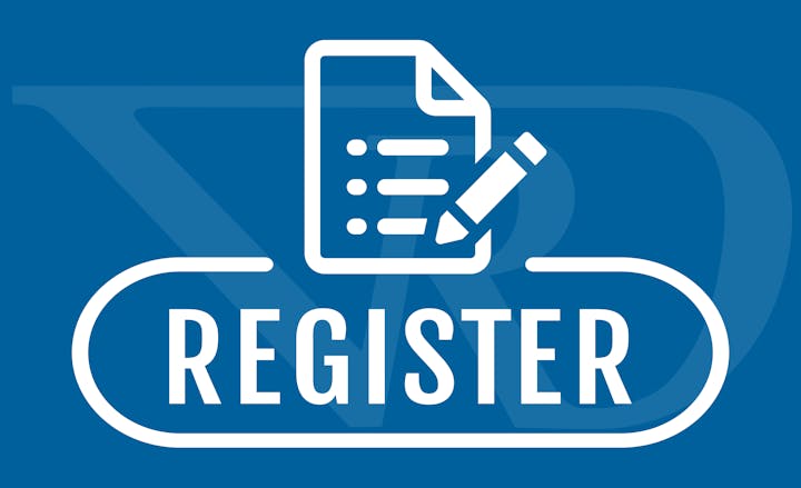 Icon of a document and pencil above the word "REGISTER" on a blue background.