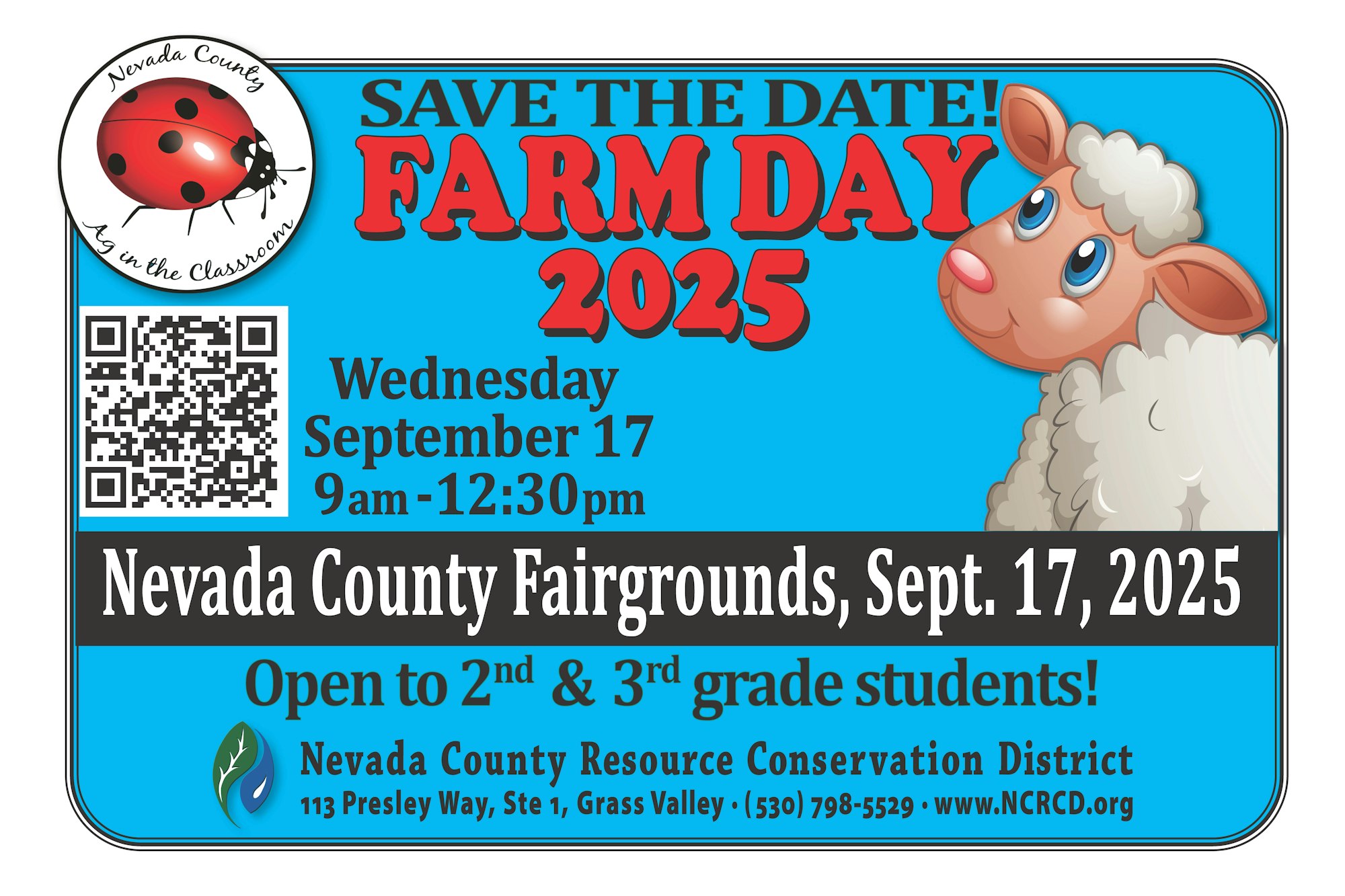 Farm Day 2025 event on Sept 17 at Nevada County Fairgrounds for 2nd & 3rd graders, 9am-12:30pm.