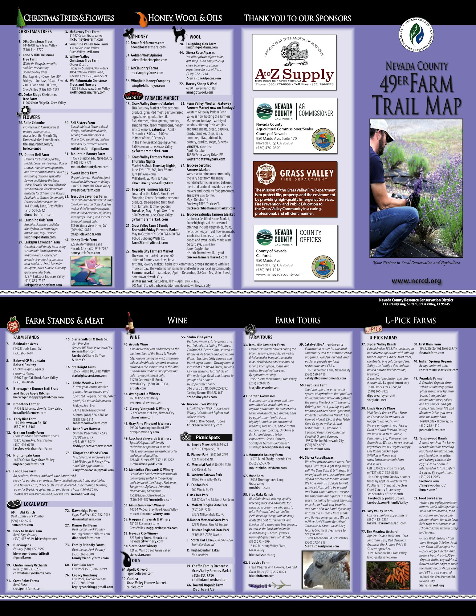 Nevada County 49er Farm Trail Map with sections on Christmas trees, flowers, honey, wool, farm stands, wine, tours, and U-pick farms.