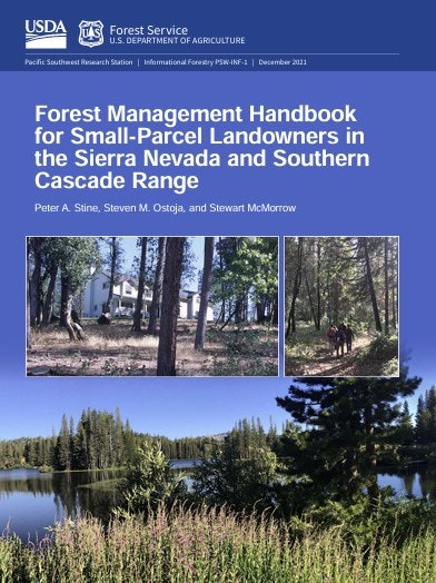 Forest management handbook cover for small-parcel landowners in Sierra Nevada and Southern Cascade Range, with forest images.