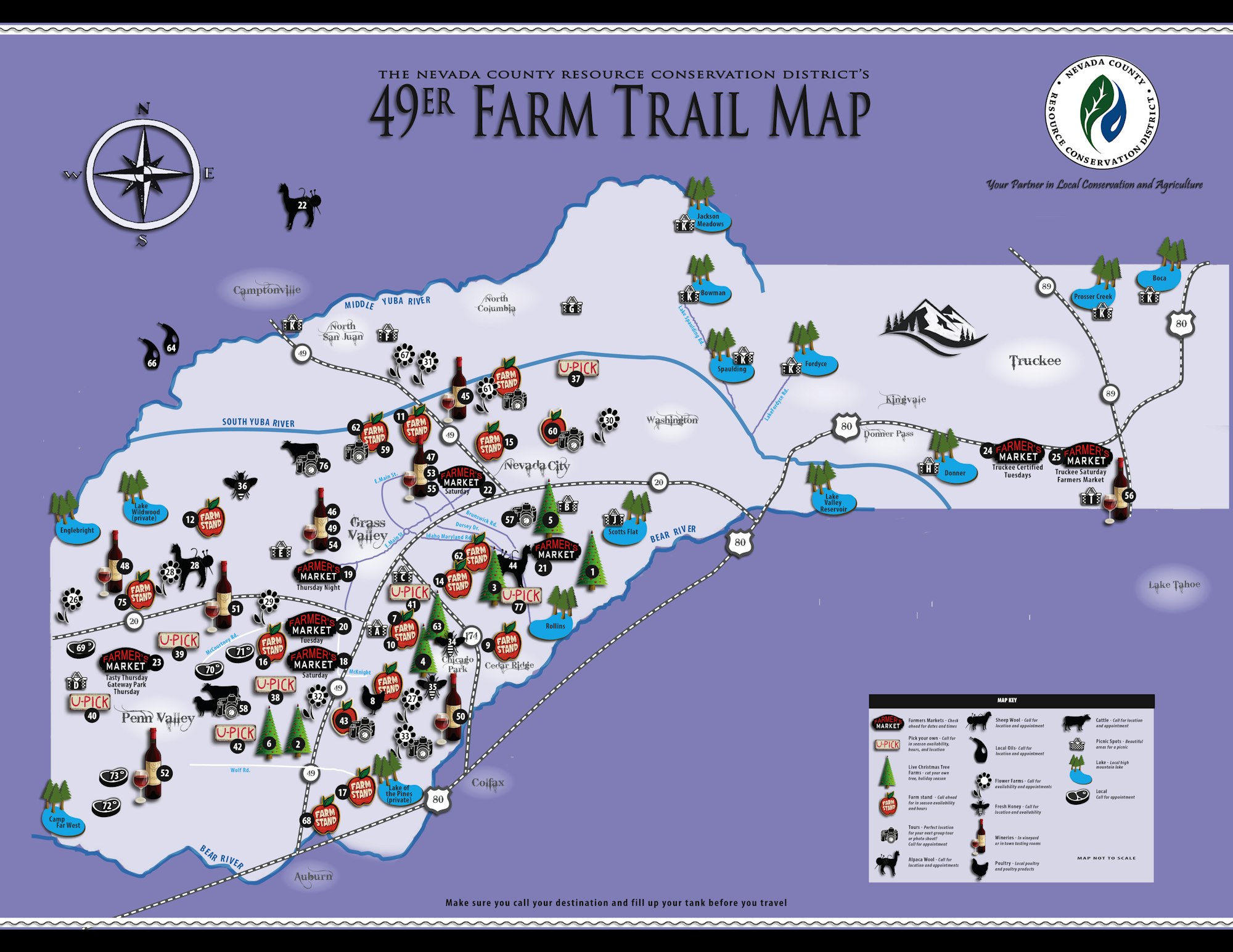 Nevada County farm trail map with locations for markets, farms, and events, marked by icons for animals, trees, and produce.