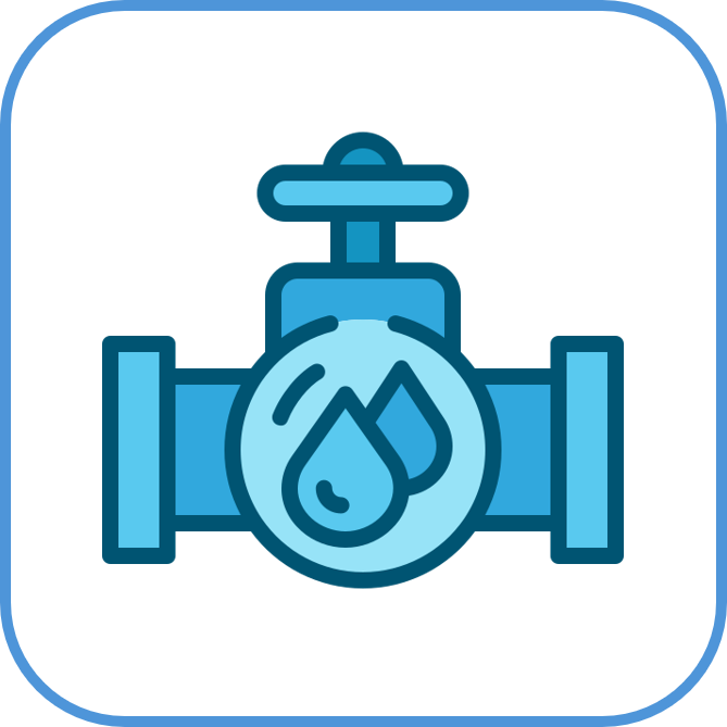 An illustration of a valve with water droplets, representing plumbing or water management.