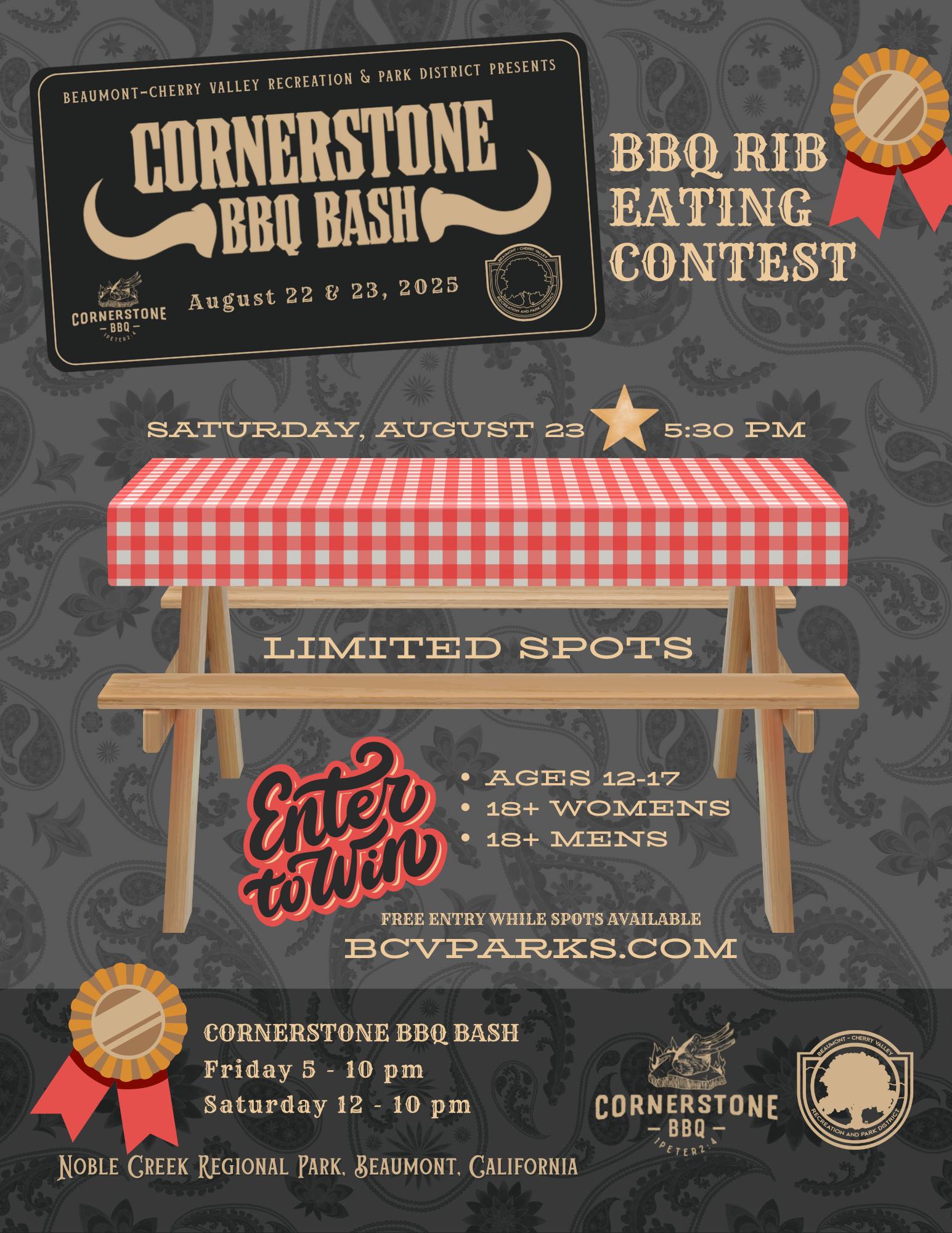 Cornerstone BBQ Bash rib eating contest, Aug 22-23, 2025, Beaumont, CA. Limited spots. Ages 12-17, 18+ Women's & Men's categories.