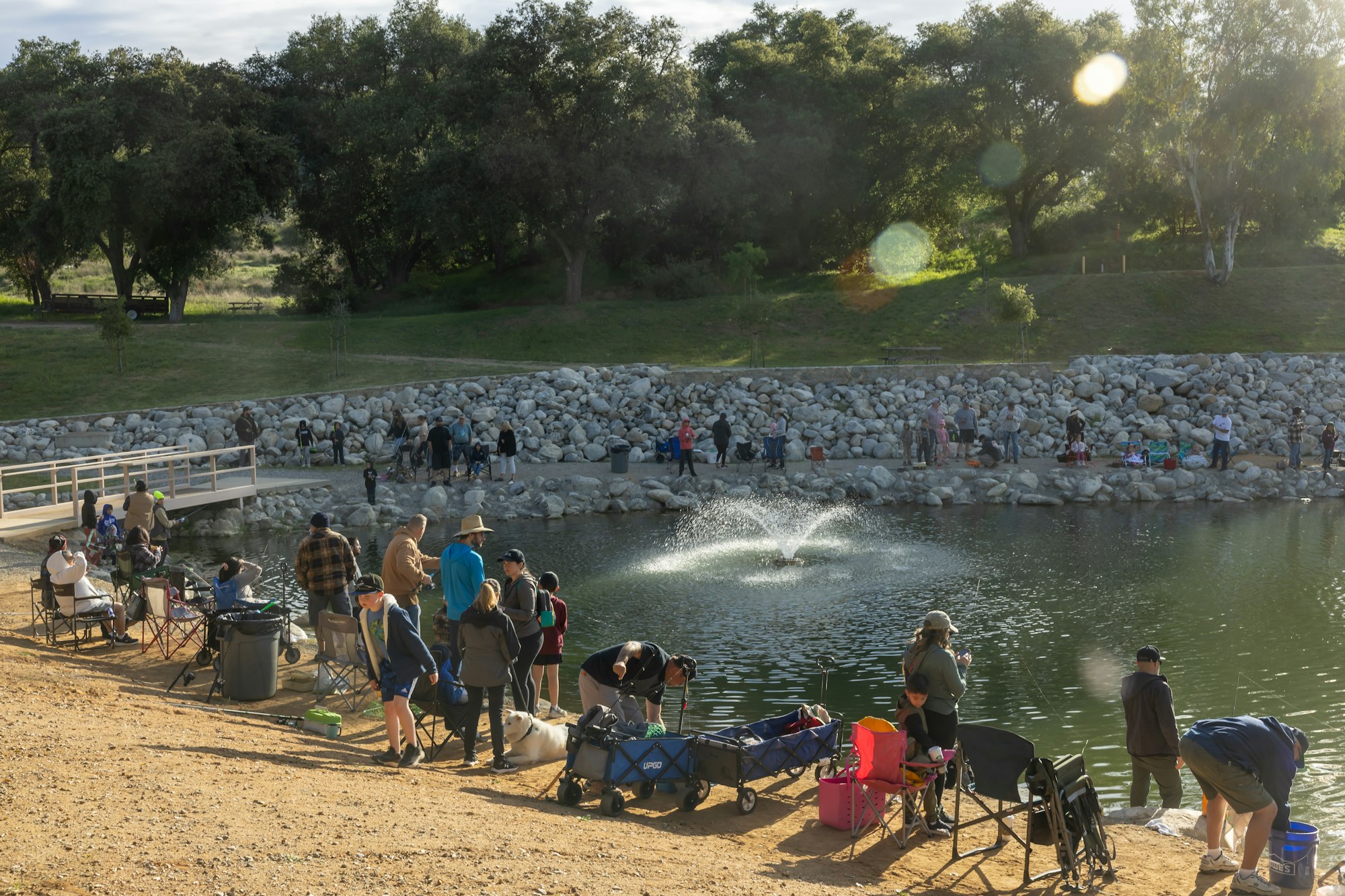 People are gathered around a pond, fishing and relaxing near trees and a fountain.