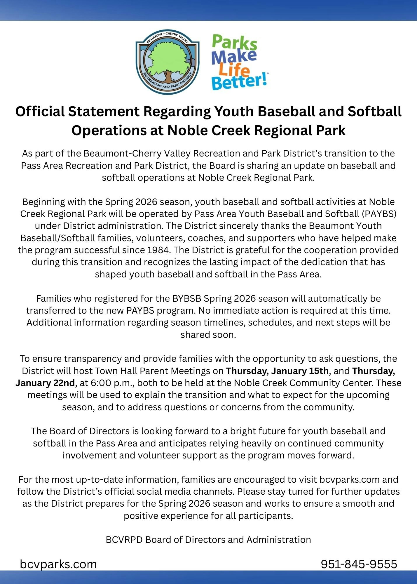 Youth baseball/softball at Noble Creek Park will transition to PASS Area Youth Baseball/Softball in Spring 2026. Meetings planned for details.