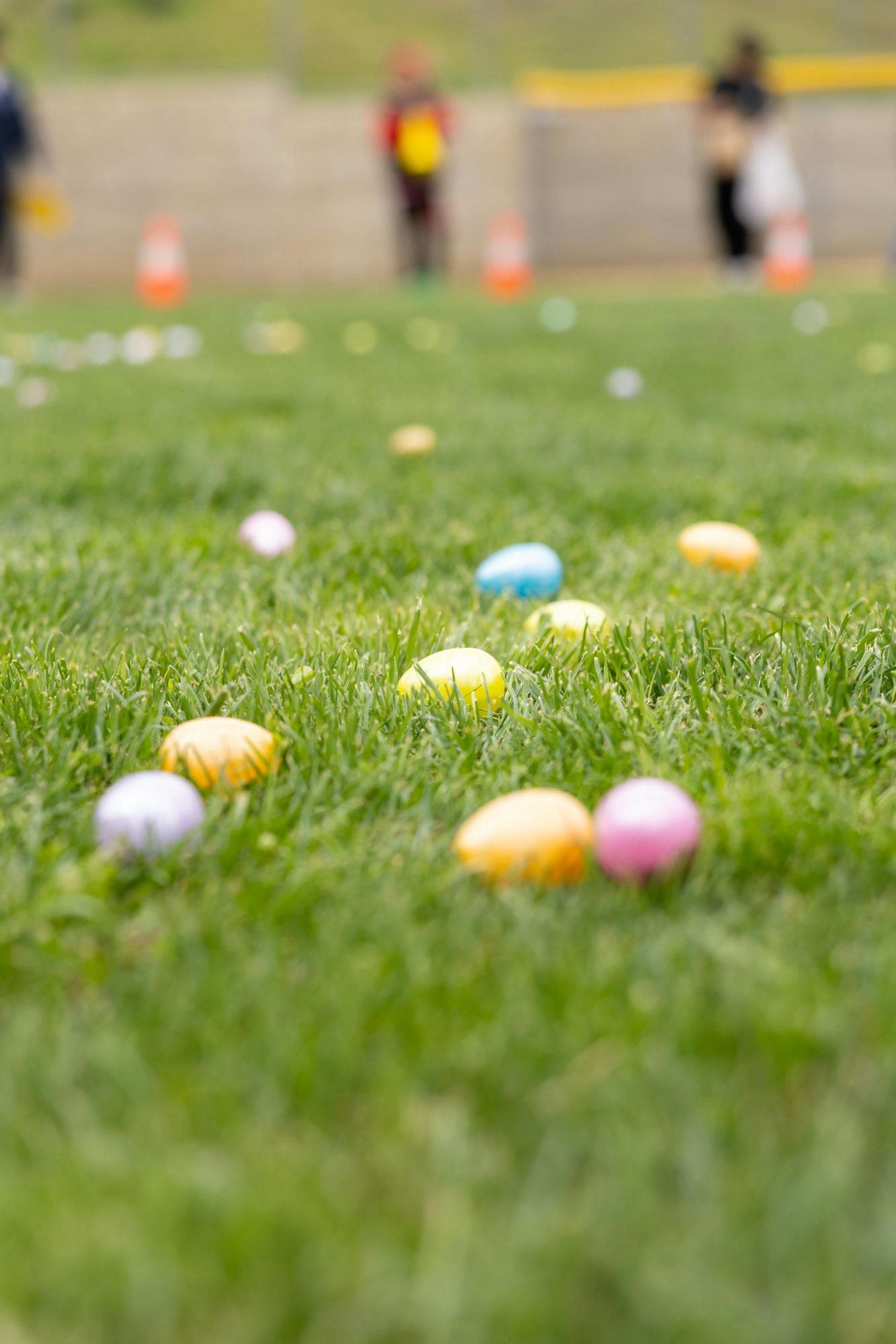 Colorful Easter eggs scattered on a grassy field with a blurred background.