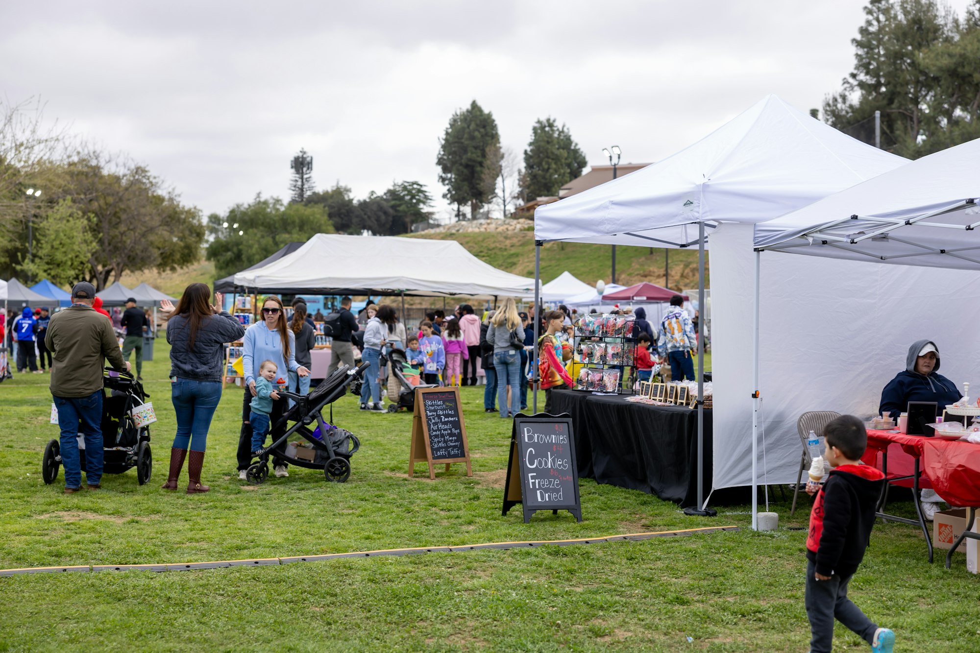 People at an outdoor market with tents, strollers, and a sign for brownies and cookies.