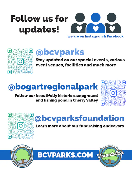 Promotional graphic for BCV Parks on Instagram & Facebook, with QR codes for updates on parks, events, and fundraising efforts.