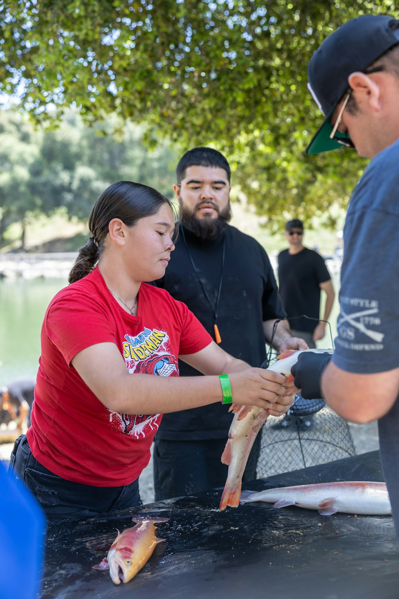 People outdoors handling fish on a table, with trees and a lake in the background.
