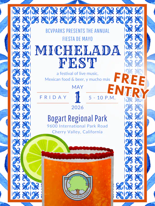 Michelada Fest on May 1, 2026, at Bogart Regional Park. Join for music, food, and beer. Free entry from 5-10 PM!