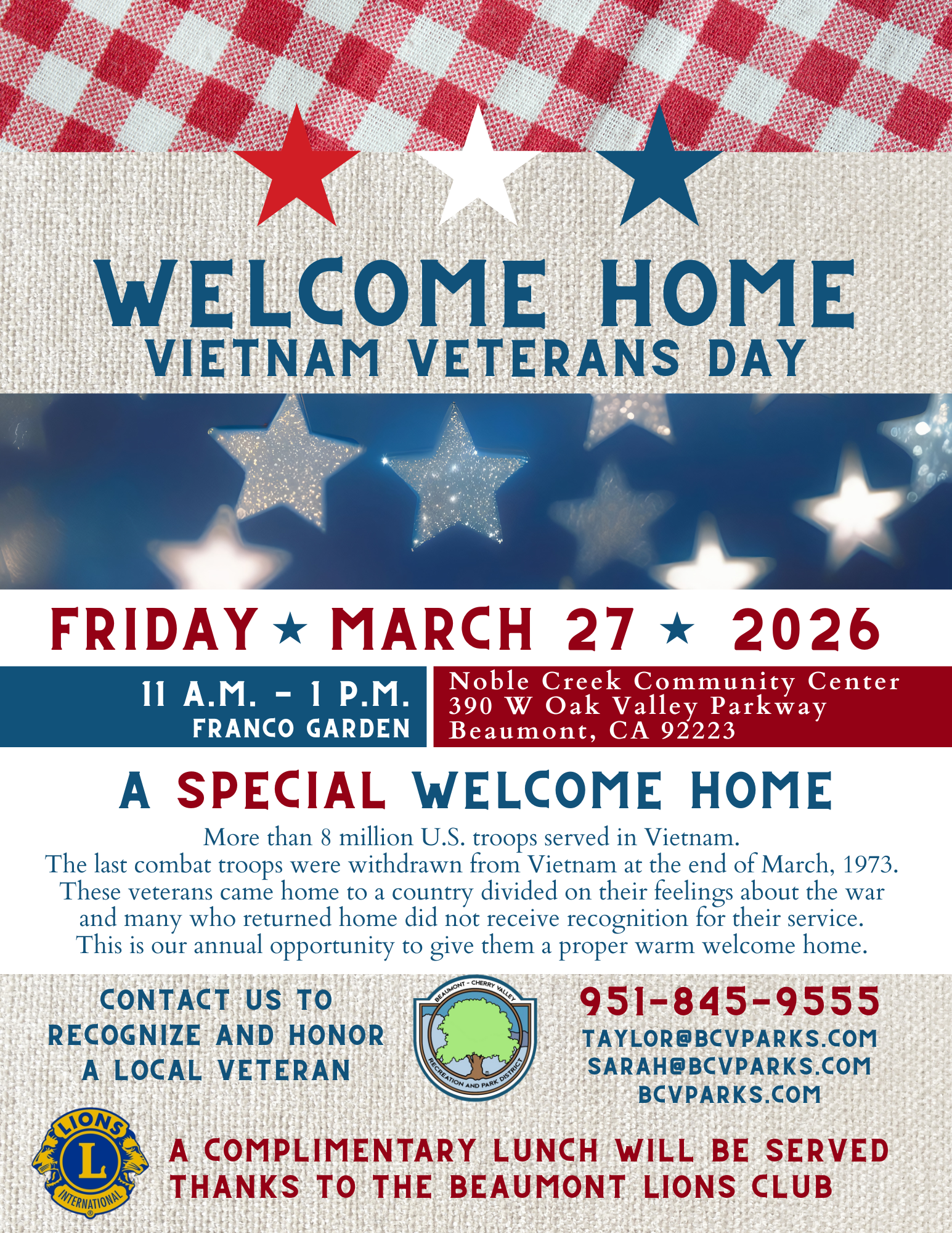 A welcome home event for Vietnam veterans on March 27, 2026, at Noble Creek Community Center, with complimentary lunch.