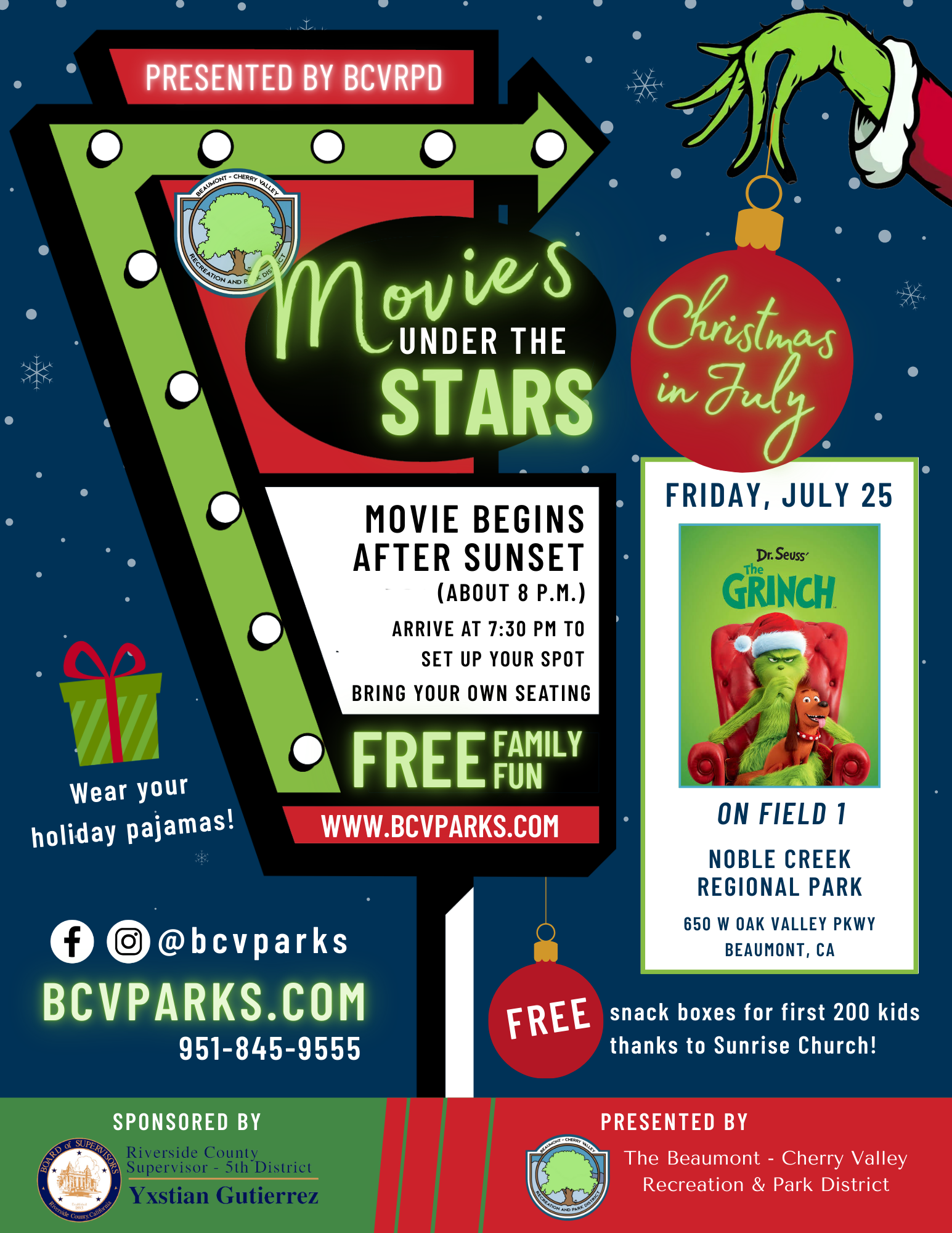 "Movies Under the Stars," featuring Dr. Seuss' The Grinch, on July 25 at Noble Creek Park. Free event, holiday pajamas encouraged.