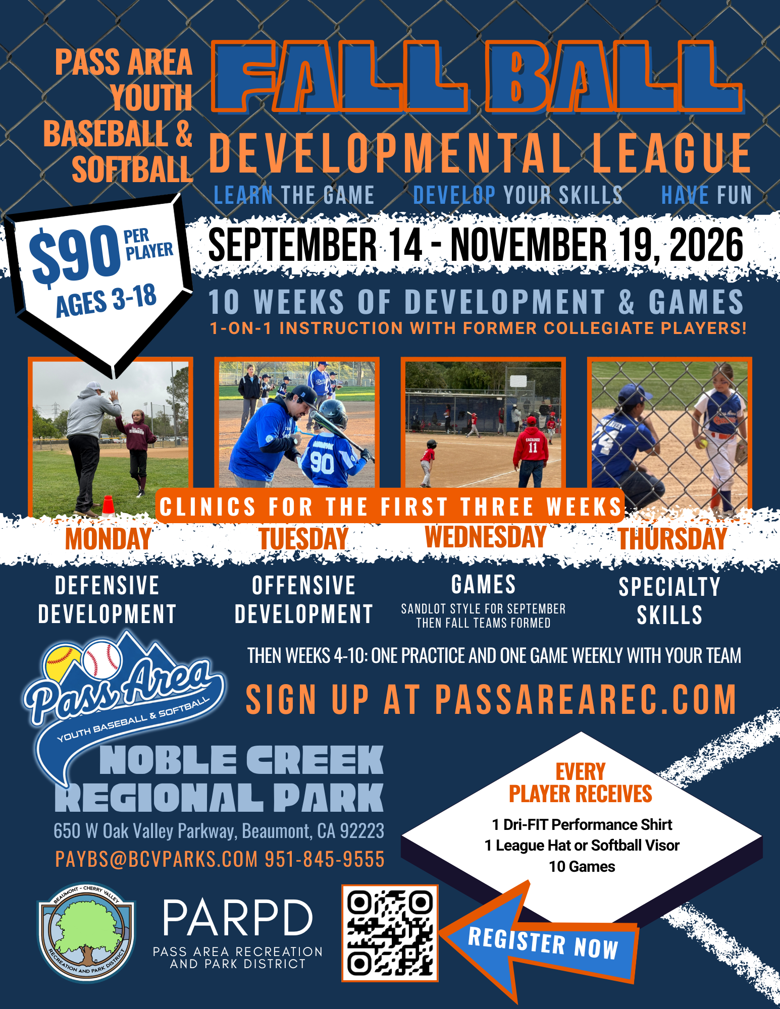 Youth baseball & softball league from Sept 14 to Nov 19, 2026. $90/player, ages 3-18. Clinics, games, and 1-on-1 coaching included.