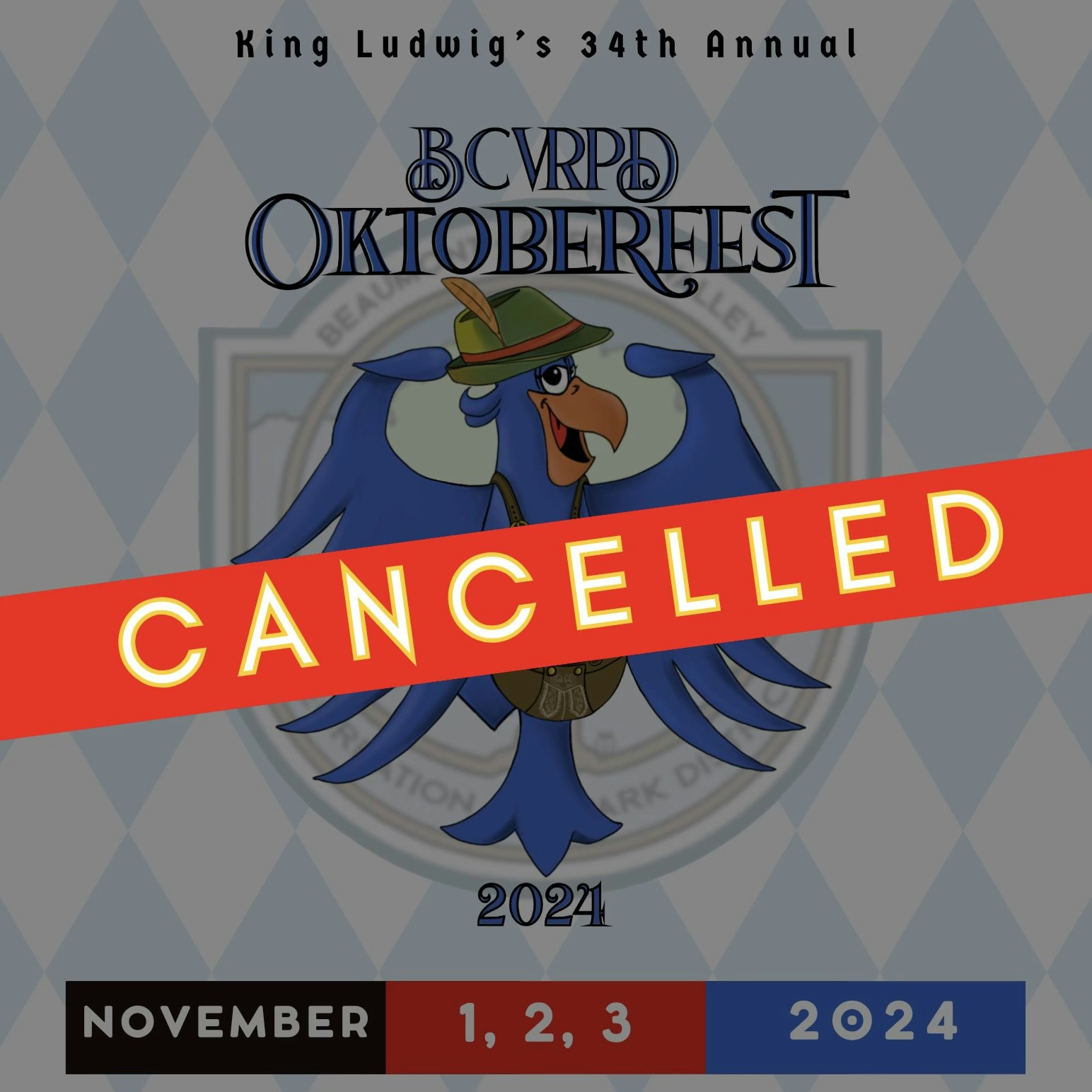 A poster for a cancelled "34th Annual Oktoberfest" event featuring a character dressed in traditional German attire, scheduled for November 2024.