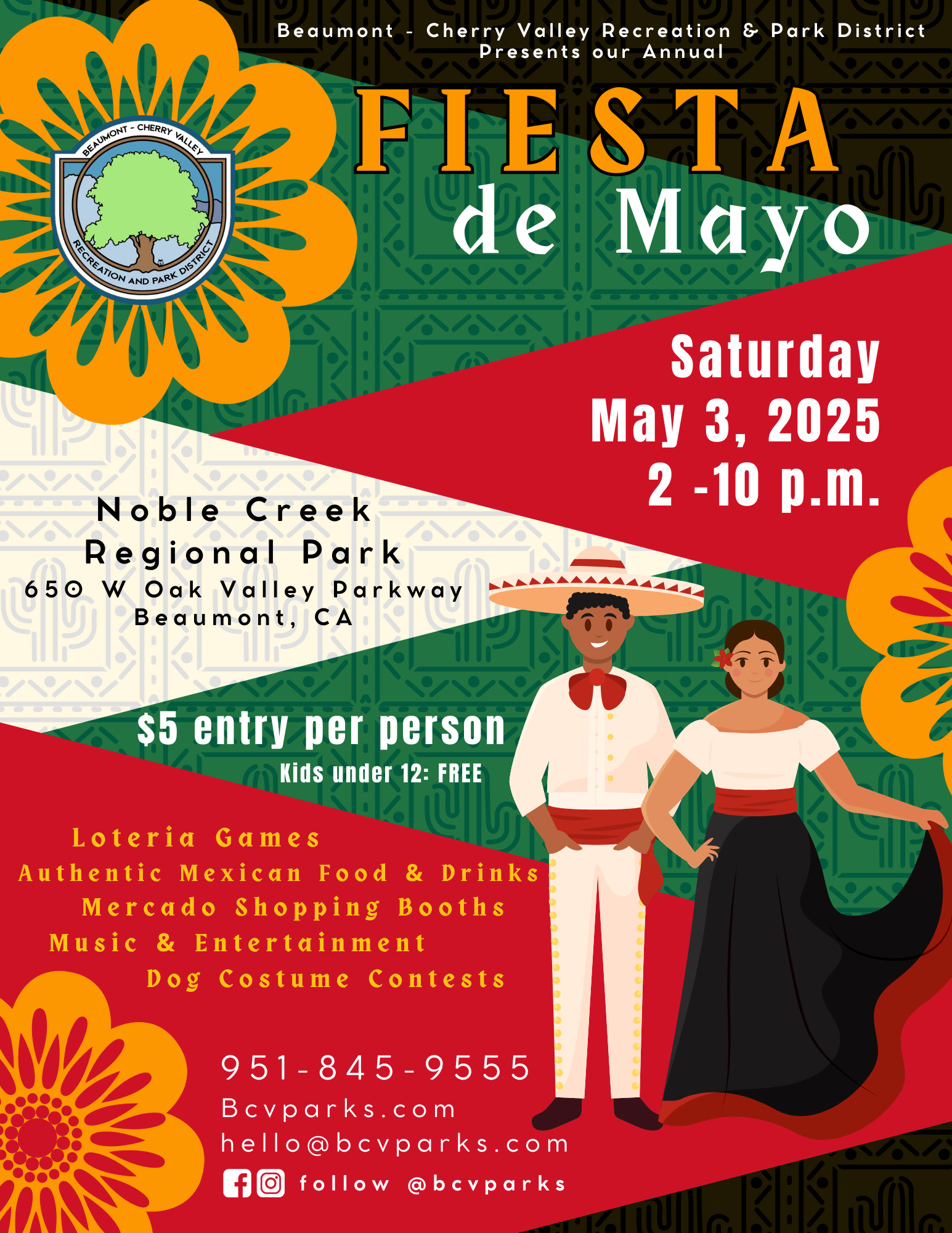 Fiesta de Mayo event on May 3, 2025, at Noble Creek Park; $5 entry, kids free, features games, food, music, and a dog costume contest.