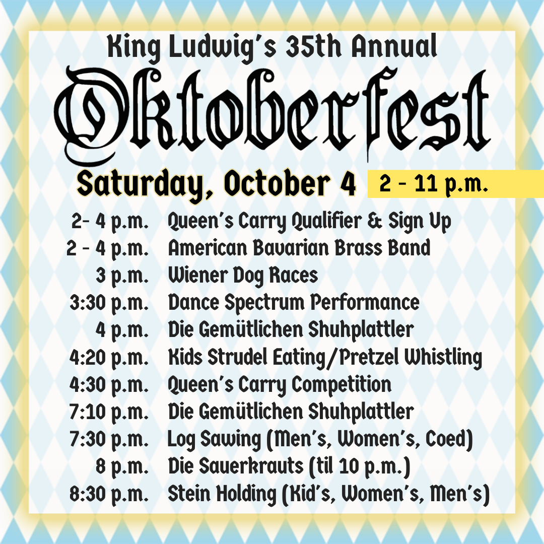 Oktoberfest schedule with various events on October 4, 2-11 p.m., including races, performances, and competitions.