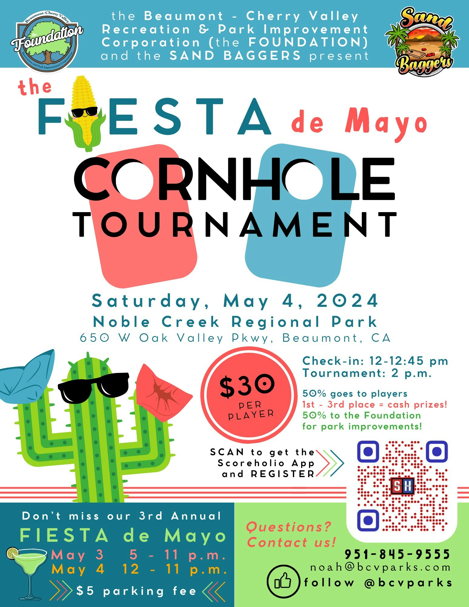 A colorful poster advertising a 'Fiesta de Mayo Cornhole Tournament' on May 4, 2024, with event details and contact information.