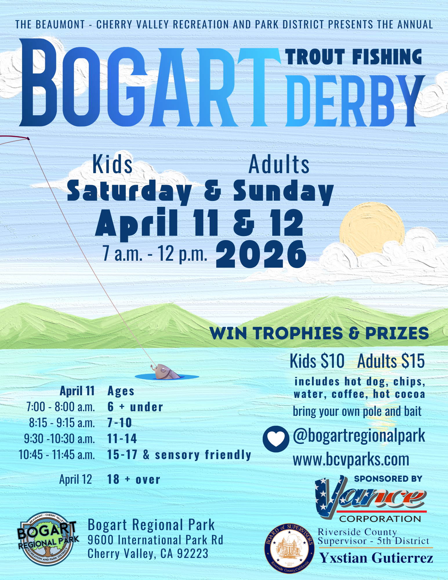 Annual Bogart Trout Fishing Derby on April 11-12, 2026, at Bogart Regional Park. Kids $10, Adults $15. Win trophies and prizes!