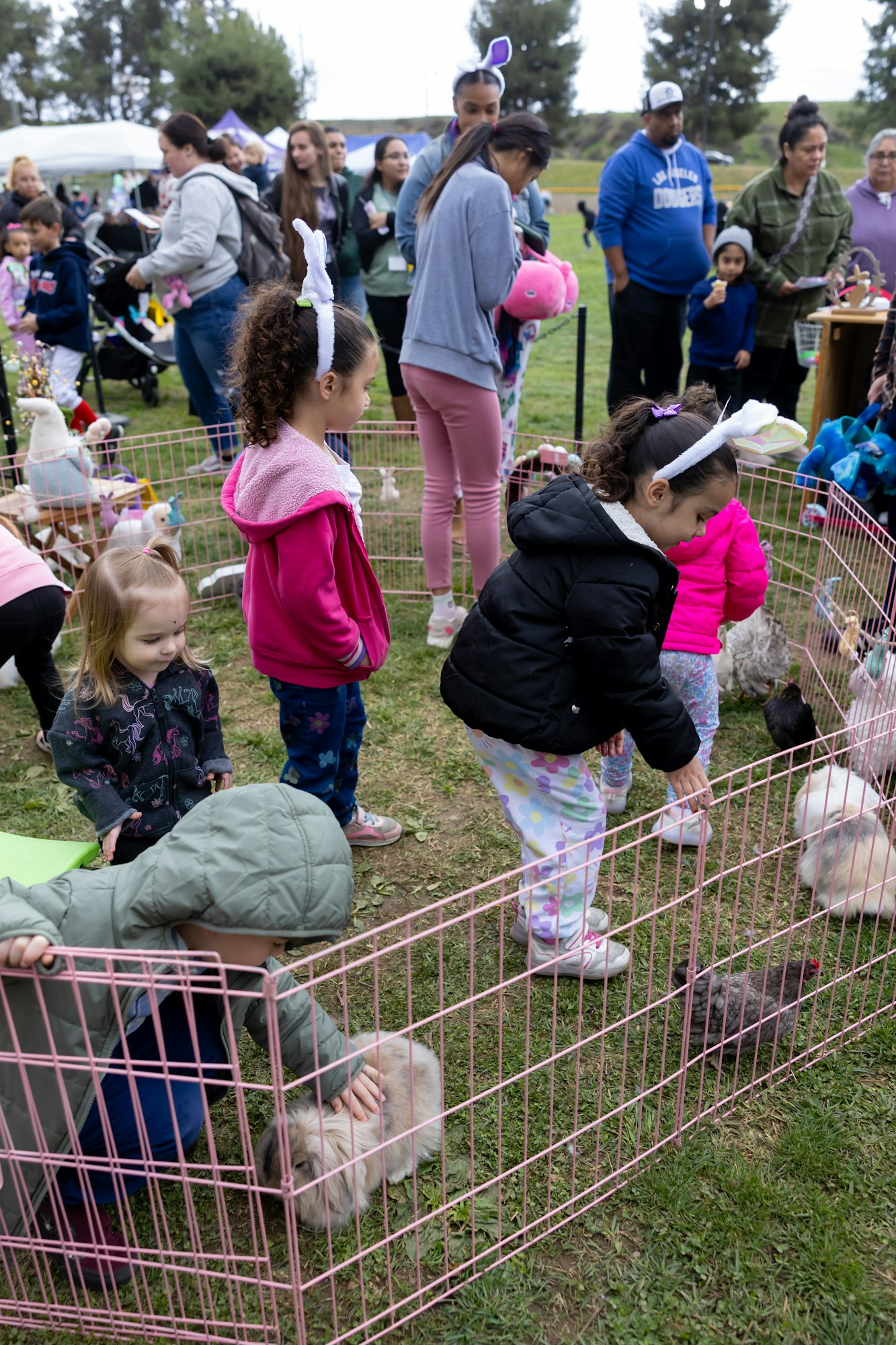 Children petting animals in a fenced area at an outdoor event, some wearing bunny ears.