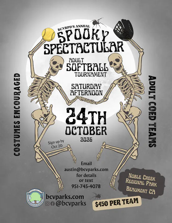 Flyer for a "Spooky Spectacular" adult softball tournament on October 24, 2026, at Noble Creek Park, themed costumes encouraged.