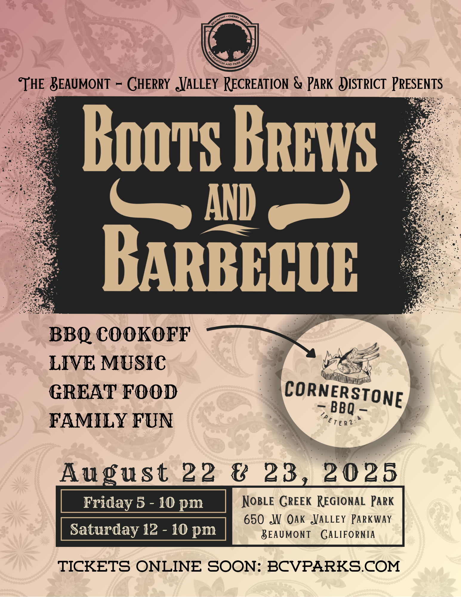 Boots, Brews & Barbecue event flyer; BBQ cookoff, live music, family fun on Aug 22-23, 2025, at Noble Creek Regional Park.