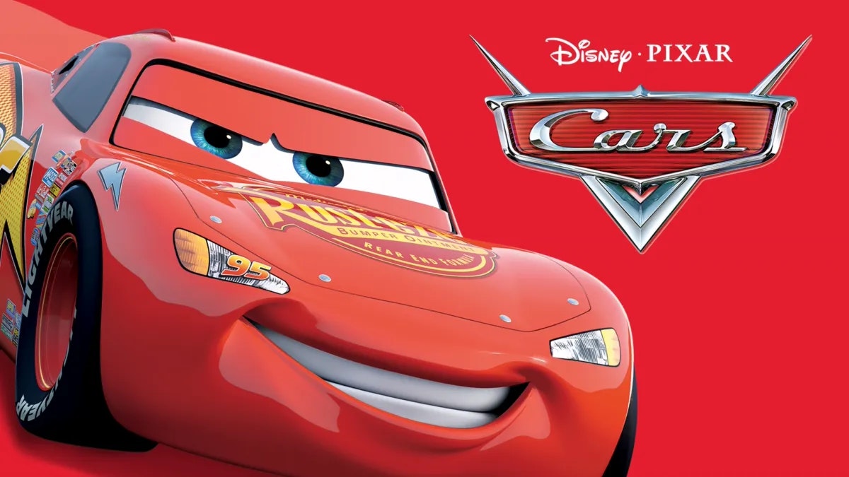 Promotional image for Disney/Pixar's "Cars" featuring the animated character Lightning McQueen.