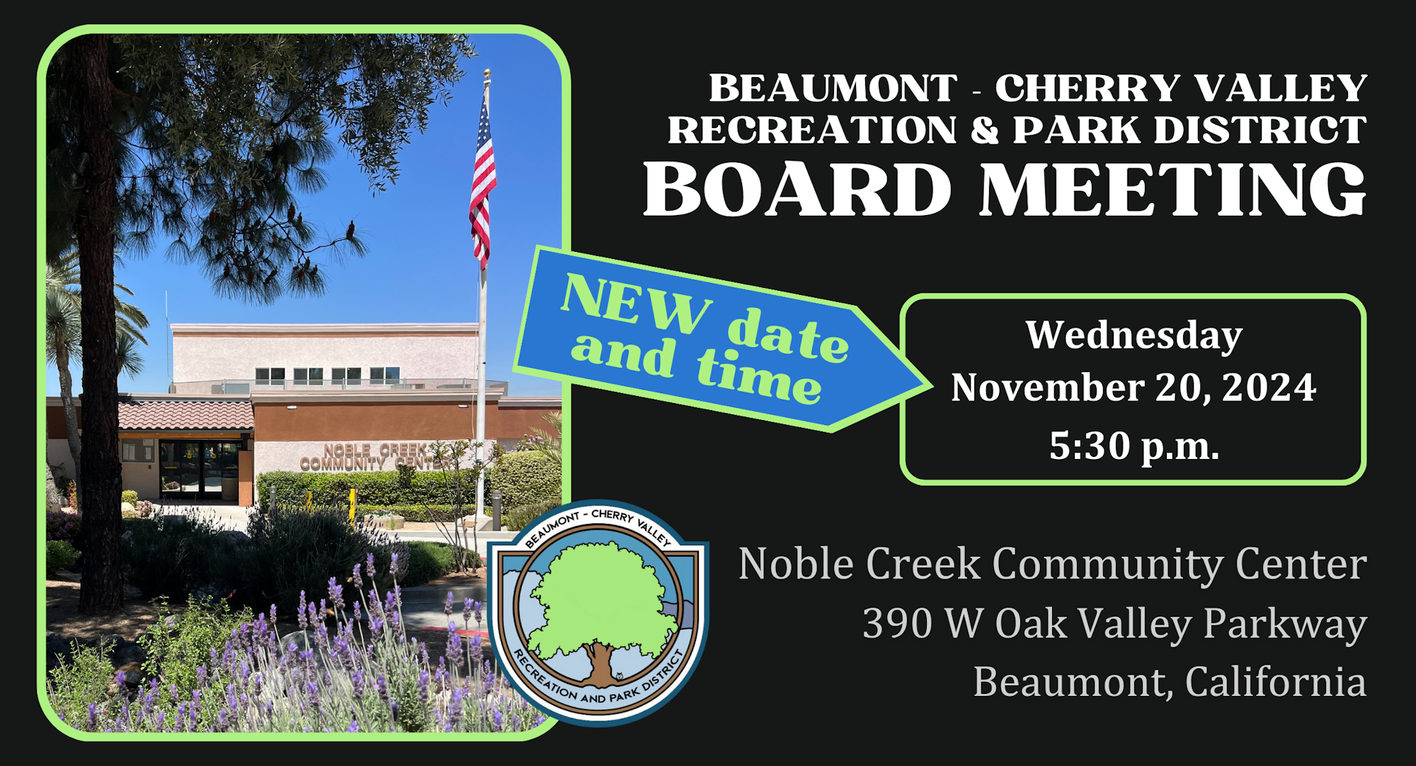 An announcement for a board meeting at Noble Creek Community Center on November 20, 2024.
