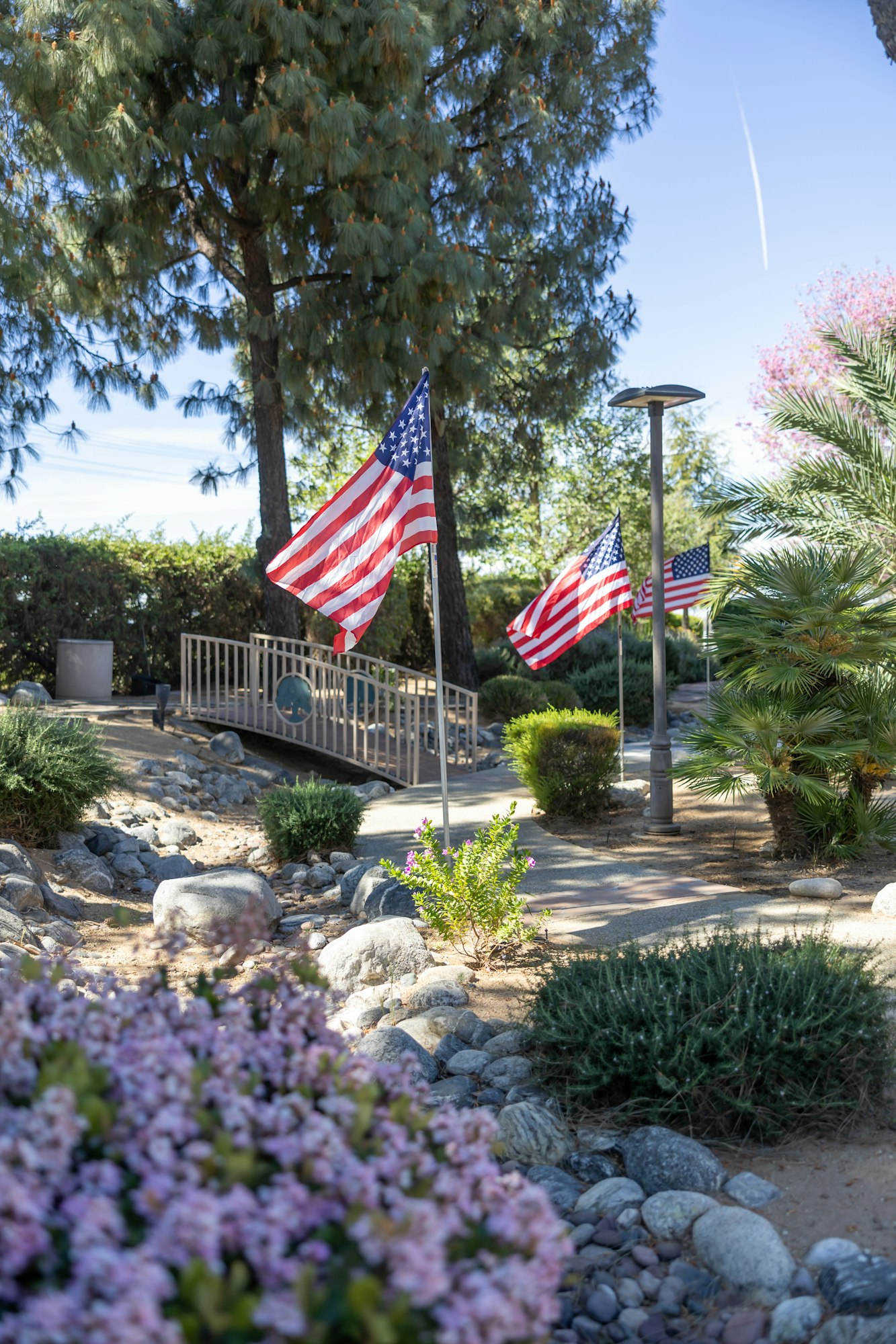 A landscaped area with several American flags, light posts, trees, and flowers, creating a peaceful outdoor setting.