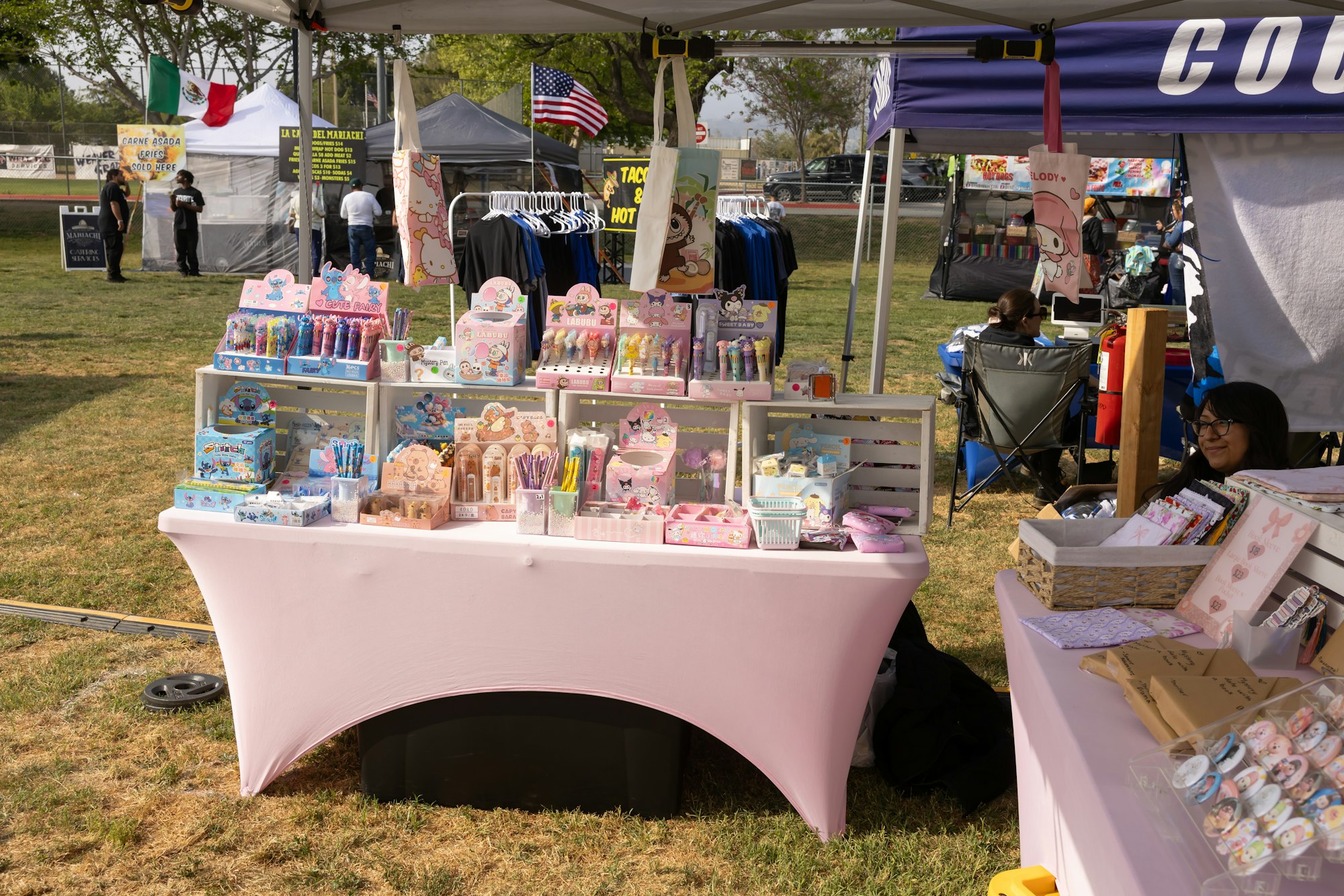Outdoor stall selling cute stationery and craft items. Background has food stalls and flags.