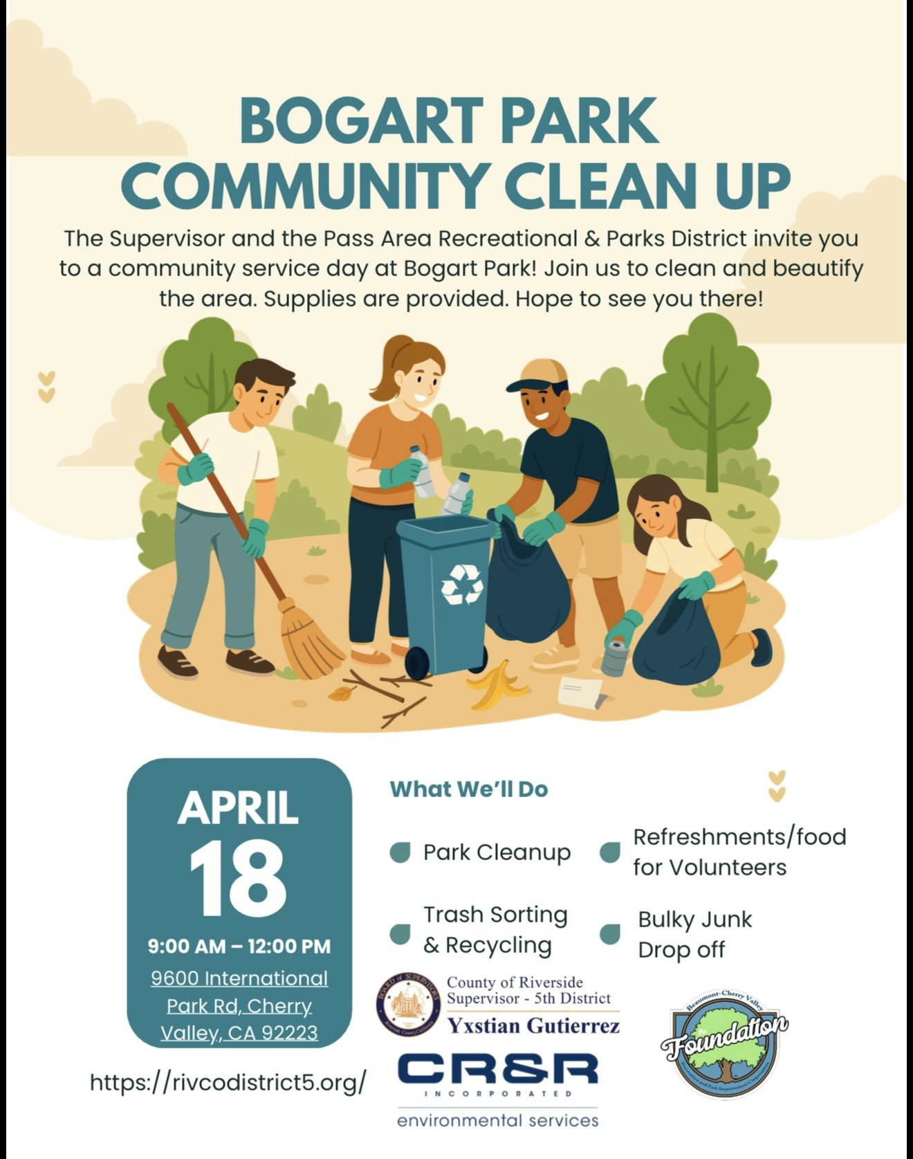 Join the Bogart Park Community Cleanup on April 18, 9 AM–12 PM. Supplies provided, refreshments for volunteers!