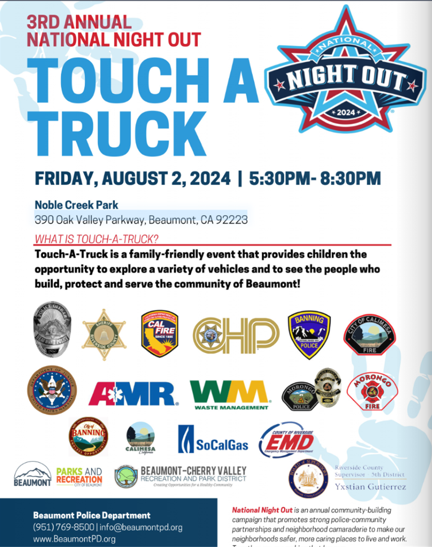 It's a poster for the 3rd Annual National Night Out, "Touch A Truck" event on August 2, 2024, in Beaumont, CA, featuring logos of various organizations.