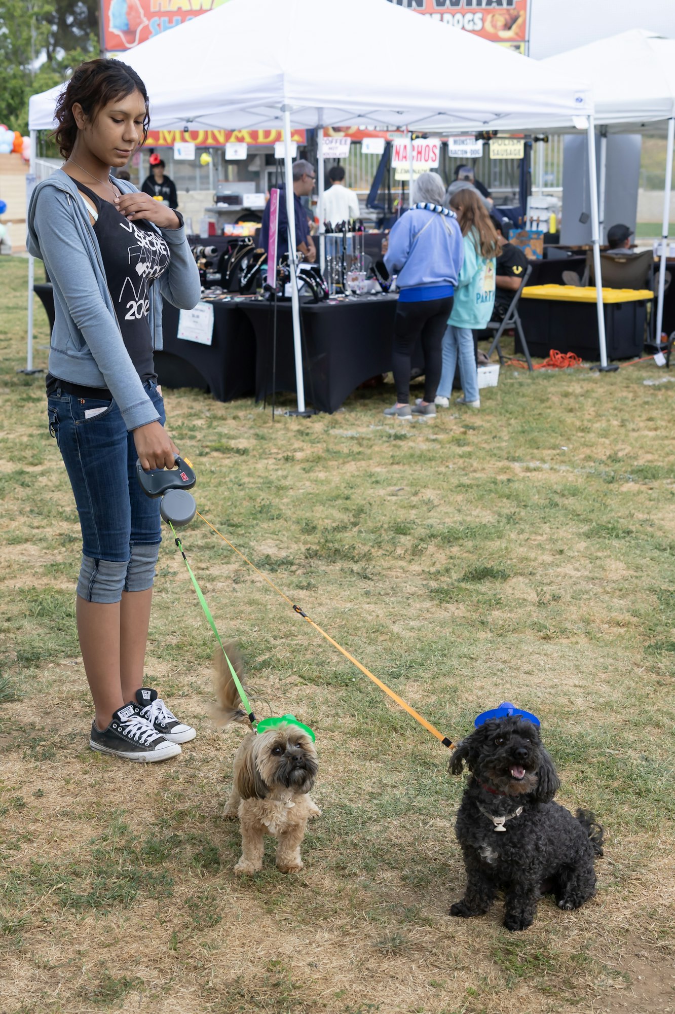 Person with two dogs on leashes outdoors, by market stalls and a sign advertising nachos.