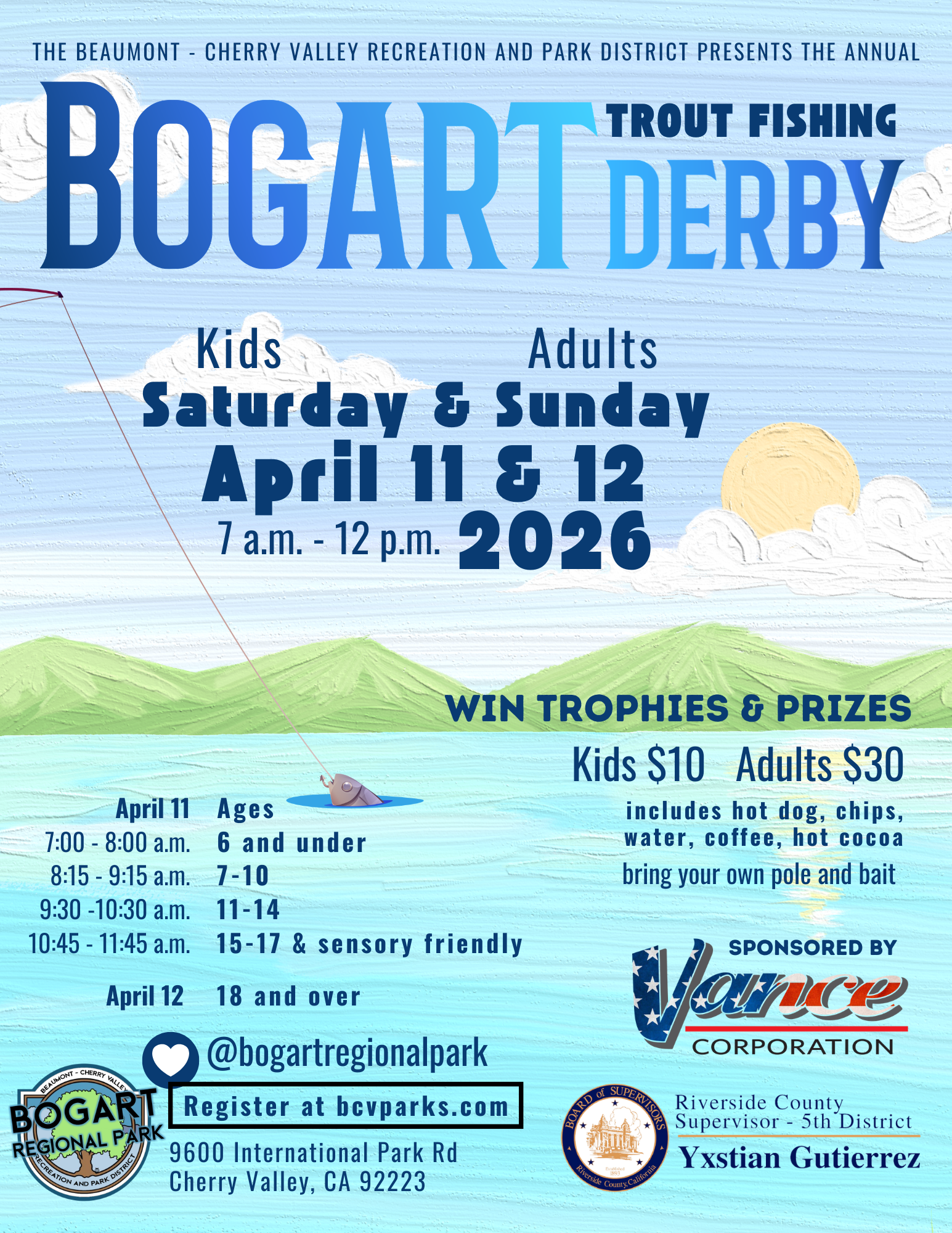 Annual Bogart Trout Fishing Derby on April 11-12, 2026, for kids and adults with prizes. Register at bcvparks.com.