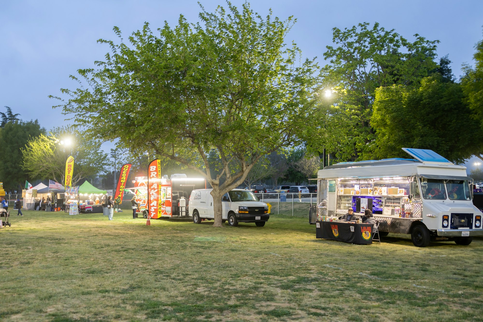Food trucks and stalls in a park setting, with trees and a grassy area, lit by streetlights in the evening.
