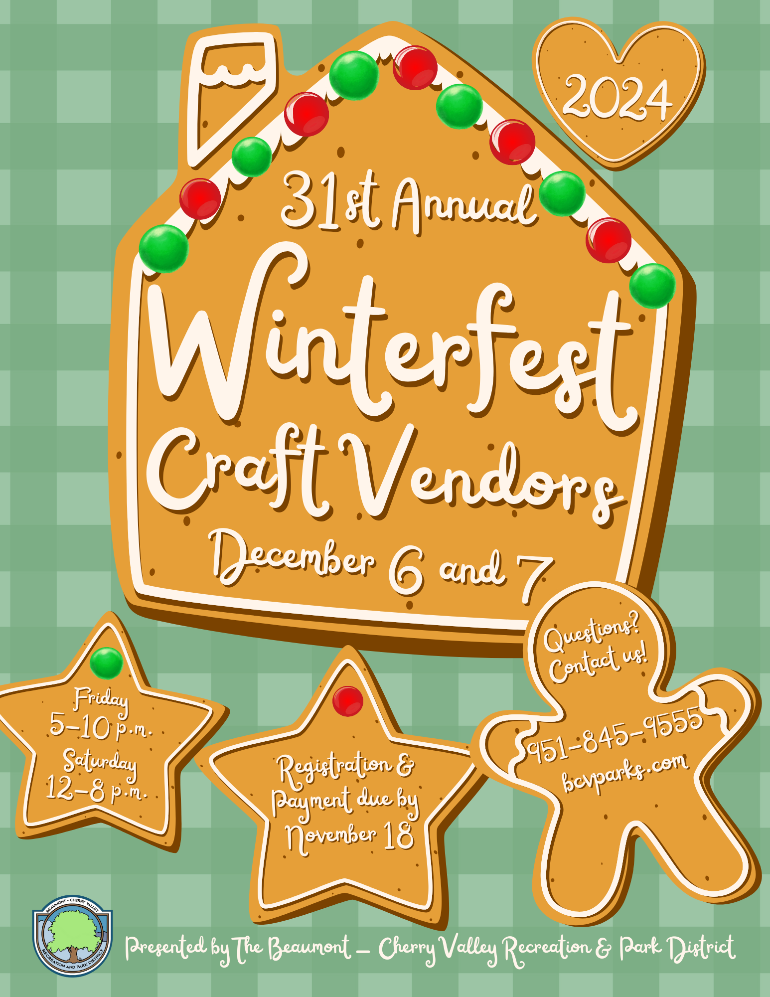 A colorful poster for the 31st Annual Winterfest Craft Vendors event on December 6 and 7, designed like gingerbread cookies.