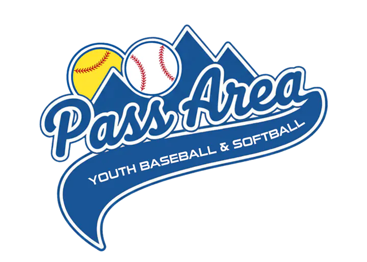 A logo for "Pass Area Youth Baseball & Softball" featuring mountains and baseball/softball graphics.