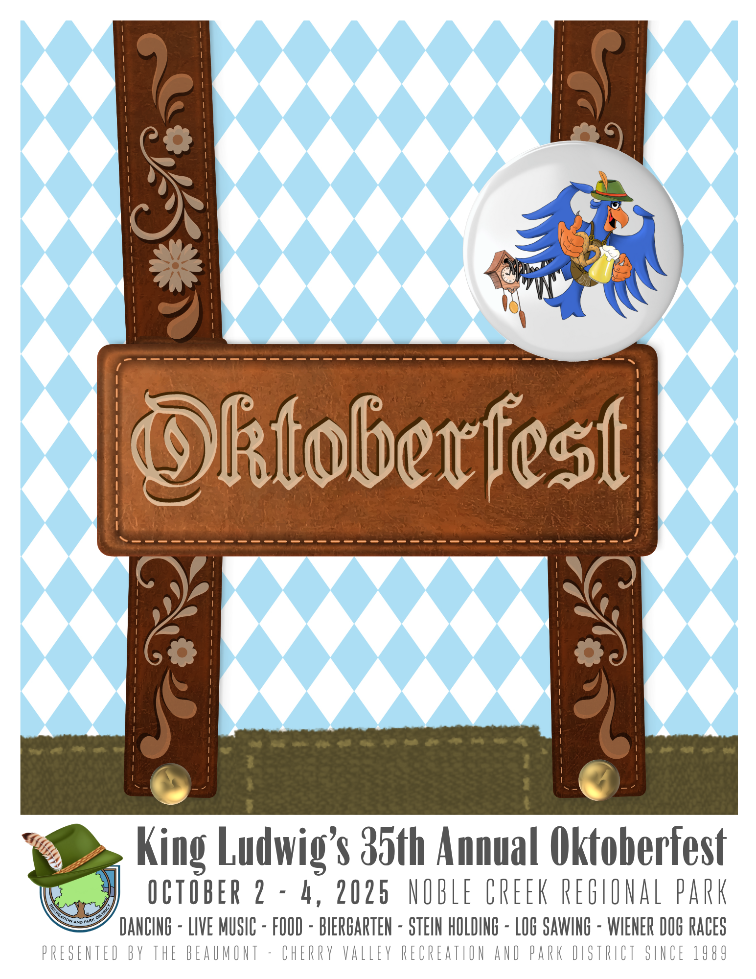 Oktoberfest poster with lederhosen, a badge, and event details for King Ludwig’s 35th Annual Oktoberfest, Oct 2-4, 2025, Noble Creek Park.