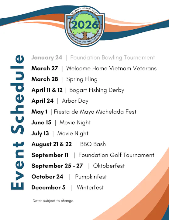 Event schedule for Beaumont-Cherry Valley 2026: includes bowling, festivals, BBQ, movie nights, and more throughout the year.