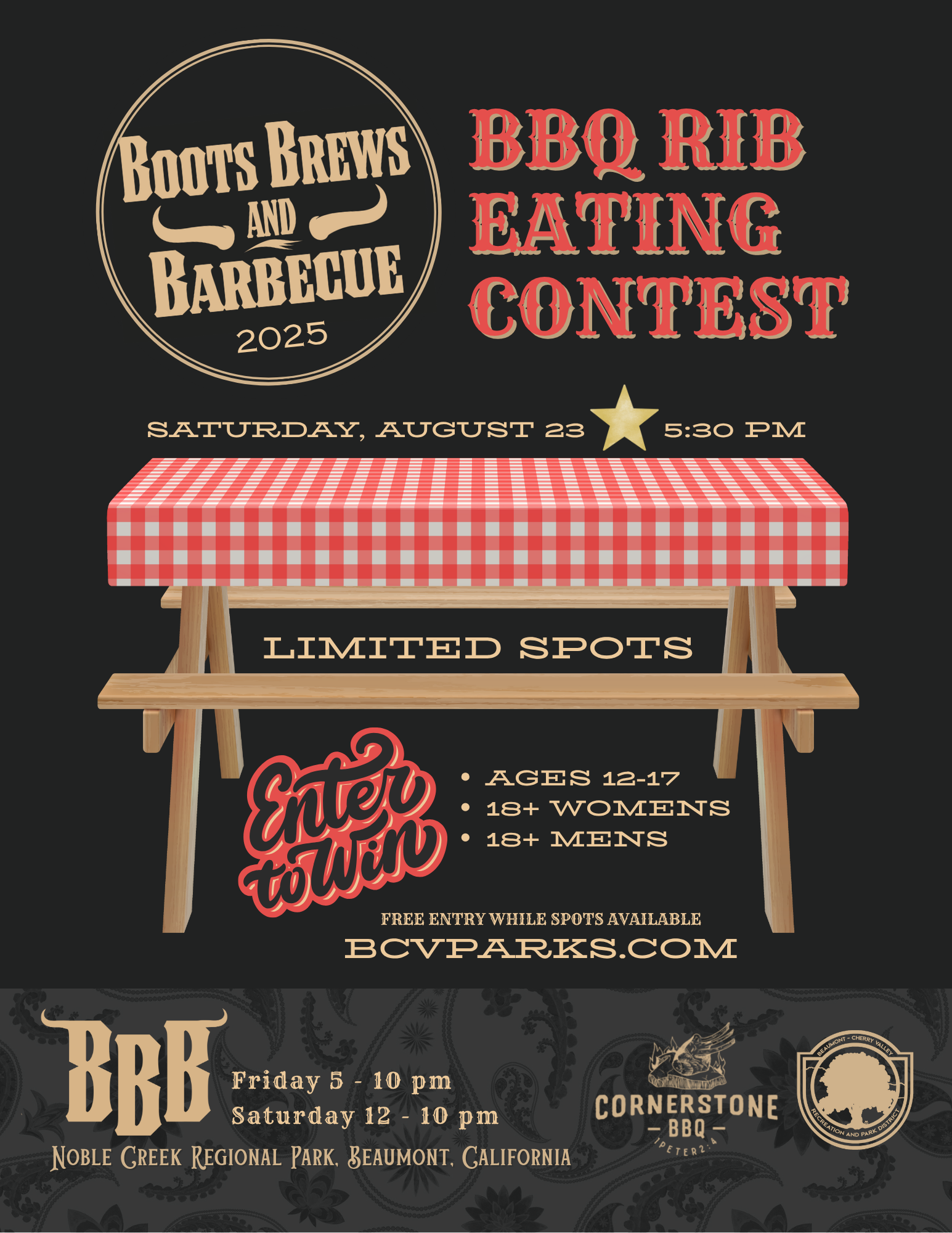 BBQ Rib Eating Contest on August 23, 5:30 PM at Boots Brews and Barbecue, Noble Creek Park, CA. Limited spots for various age groups.
