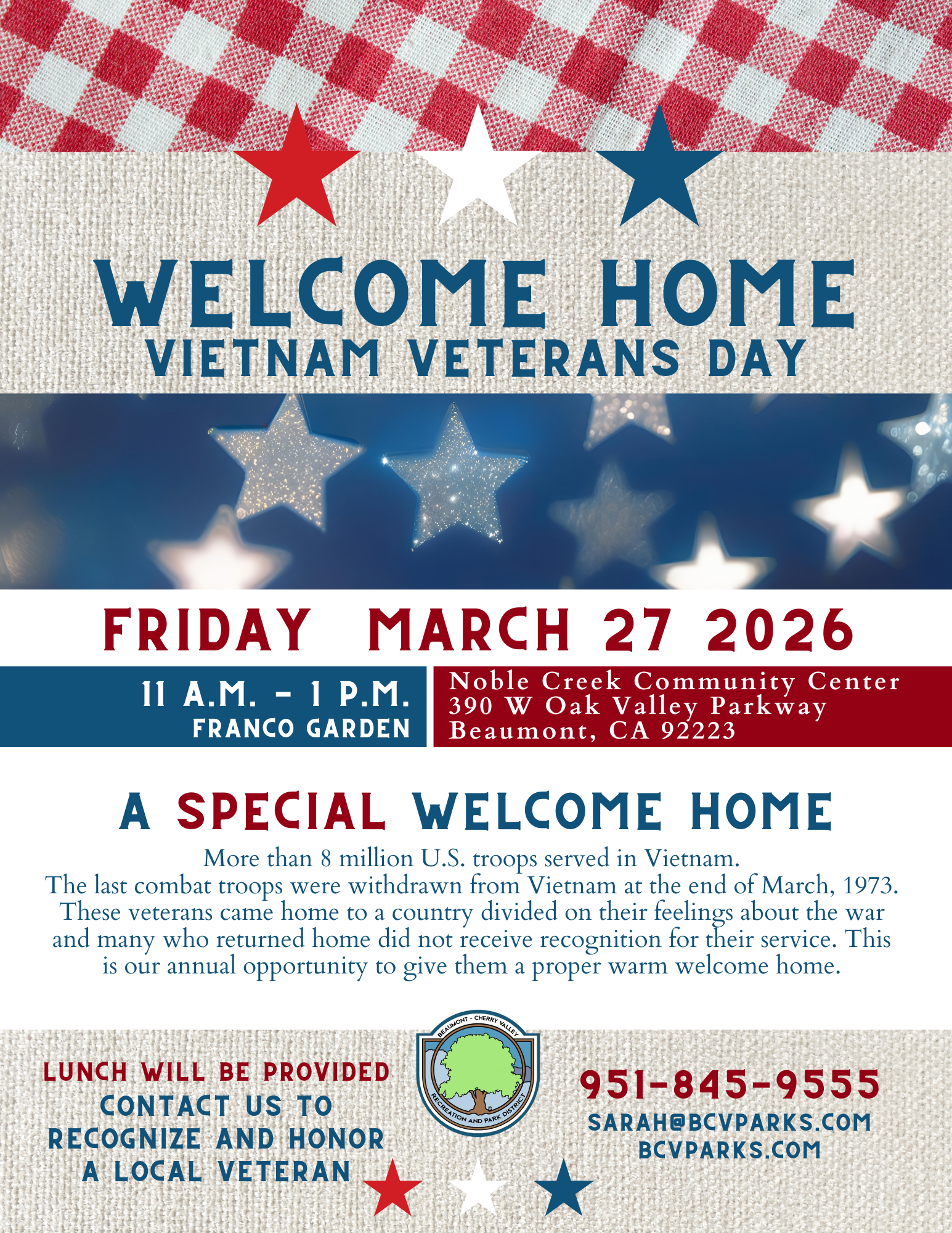 Event for Vietnam Veterans Day on March 27, 2026, from 11 AM - 1 PM at Noble Creek Community Center, Beaumont, CA. Lunch provided.