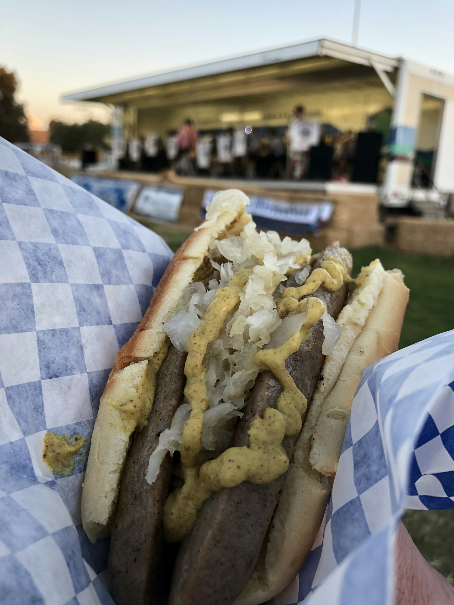 Hot dog with mustard and sauerkraut wrapped in checkered paper, outdoor setting with a stage in the background.