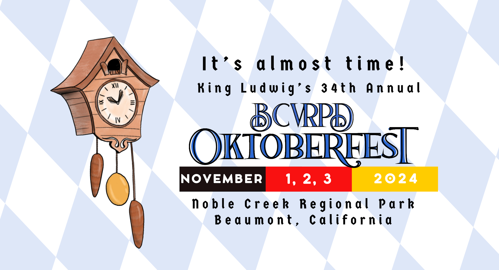 An Oktoberfest event poster with dates, location, and a cuckoo clock illustration.